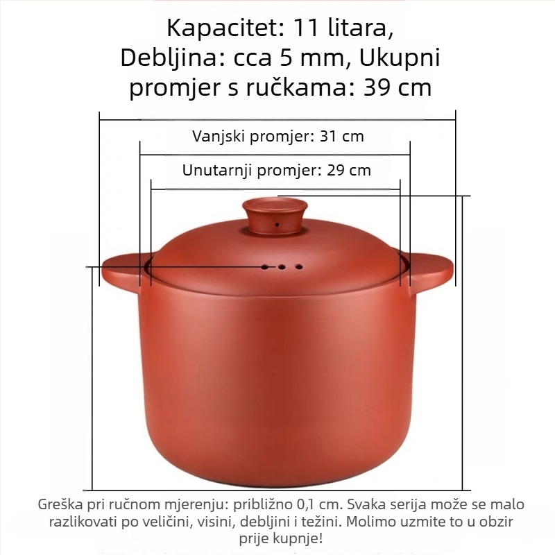 6 L lonac od purpurne pijeskovite gline za dinstanje i juhe, neglazirana glina, pogodna za plinski štednjak, otpornost na visoke temperature, okrugli poklopac