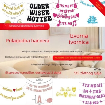 Roza glitter prapori za rođendan - papirni prapor bez štapa, tisk logotipa dostupan