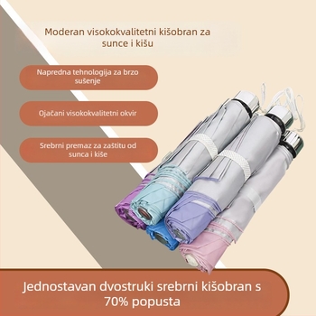 Ručni kišobran s 7 rebara, srebrnim premazom tkanine, dvostruka namjena – za sunce i kišu, sklopivi kišobran s kariranim platnom