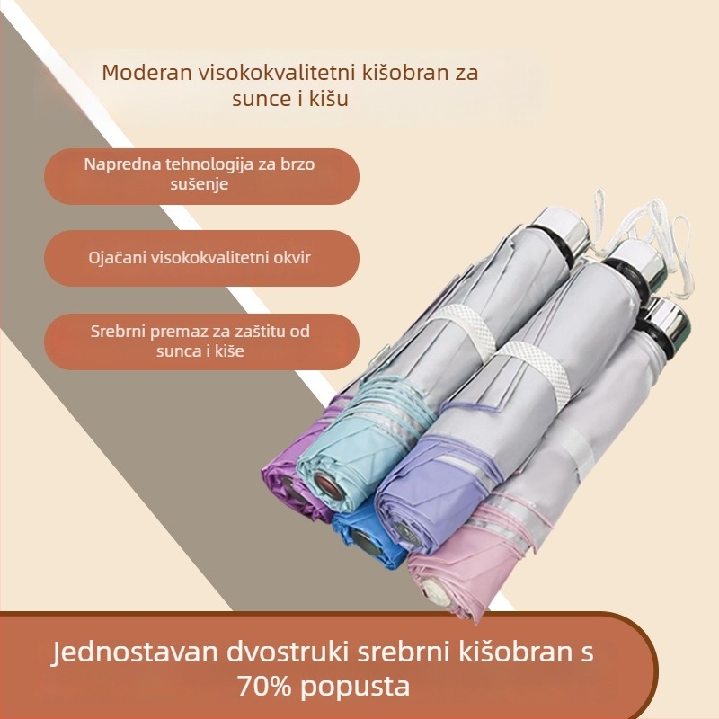 Ručni kišobran s 7 rebara, srebrnim premazom tkanine, dvostruka namjena – za sunce i kišu, sklopivi kišobran s kariranim platnom