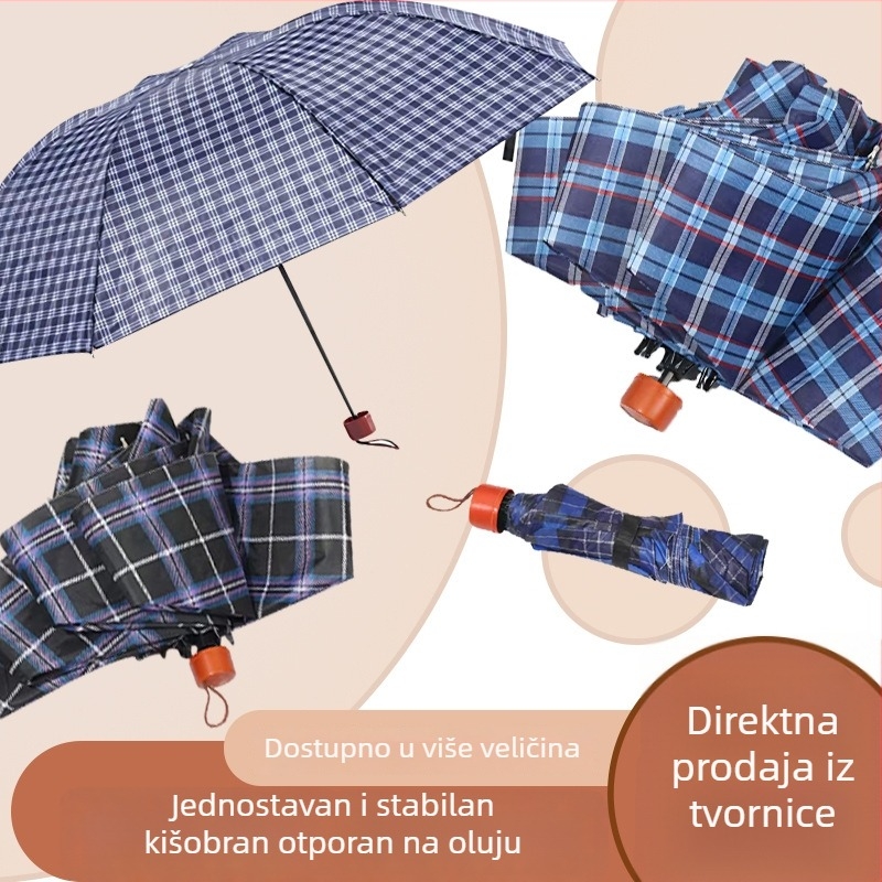 Ručni kišobran s 7 rebara, srebrnim premazom tkanine, dvostruka namjena – za sunce i kišu, sklopivi kišobran s kariranim platnom