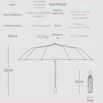 Kišobran s 10 rebara, trostupanjski sklop, automatsko otvaranje, LED svjetlo, UV zaštita, vinil tkanina, prilagodljivi poslovni kišobran