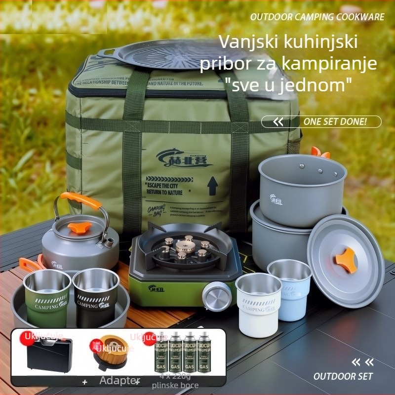 Poklon set za kampiranje s odvojivim kazetnim štednjakom i prijenosnim posuđem za kuhanje