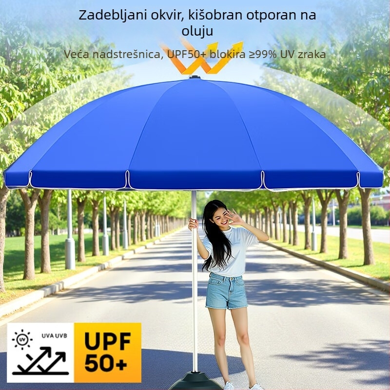 2,46 m vanjski suncobran sa srebrnim premazom platna, veliki suncobran za trg/plažu, UV zaštita, tiskanje logotipa