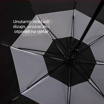 Prilagođena ekstra velika dvostruko slojena golf kišobran s titan-srebrnim premazom, UV zaštita, ravna drška, otporan na vjetar, mogućnost tiskanja logotipa