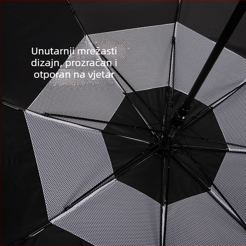 Prilagođena ekstra velika dvostruko slojena golf kišobran s titan-srebrnim premazom, UV zaštita, ravna drška, otporan na vjetar, mogućnost tiskanja logotipa