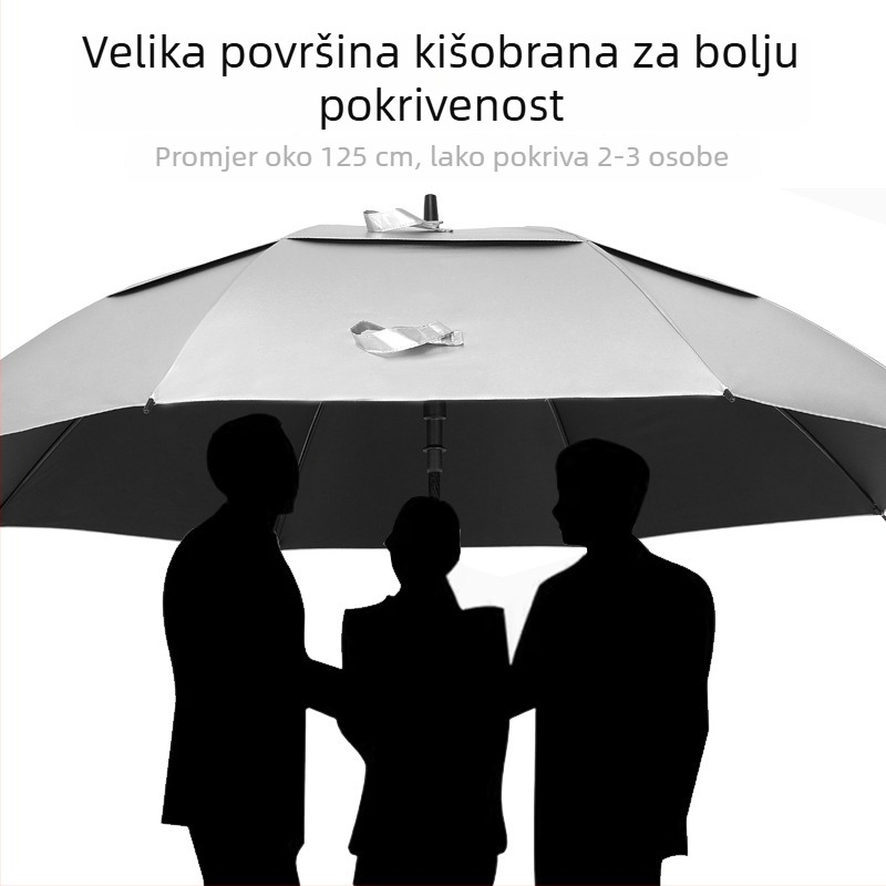 Prilagođena ekstra velika dvostruko slojena golf kišobran s titan-srebrnim premazom, UV zaštita, ravna drška, otporan na vjetar, mogućnost tiskanja logotipa