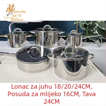 10-dijelni set posuđa od nehrđajućeg čelika, uključuje lonac za mlijeko, lonac za juhu i tavu, kompatibilan s indukcijom, staklena poklopac, dvostruko dno, 201 nehrđajući čelik