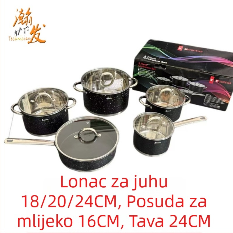10-dijelni set posuđa od nehrđajućeg čelika, uključuje lonac za mlijeko, lonac za juhu i tavu, kompatibilan s indukcijom, staklena poklopac, dvostruko dno, 201 nehrđajući čelik