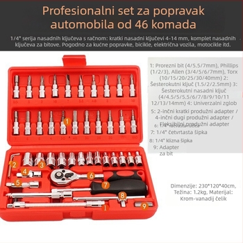 46-dijelni set alata za popravak automobila, set utičnica i bitova