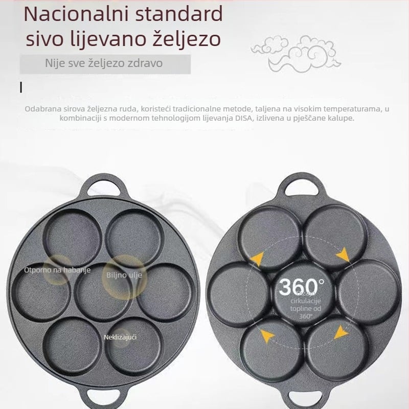 Lijevana tava od lijevanog željeza za jaja s sedam rupa, kalup za knedle i hamburger