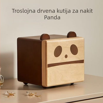 Drvena kutija za nakit s motivom panda, slatka i simpatična, trostruka kutija za naušnice, ogrlice i prstene
