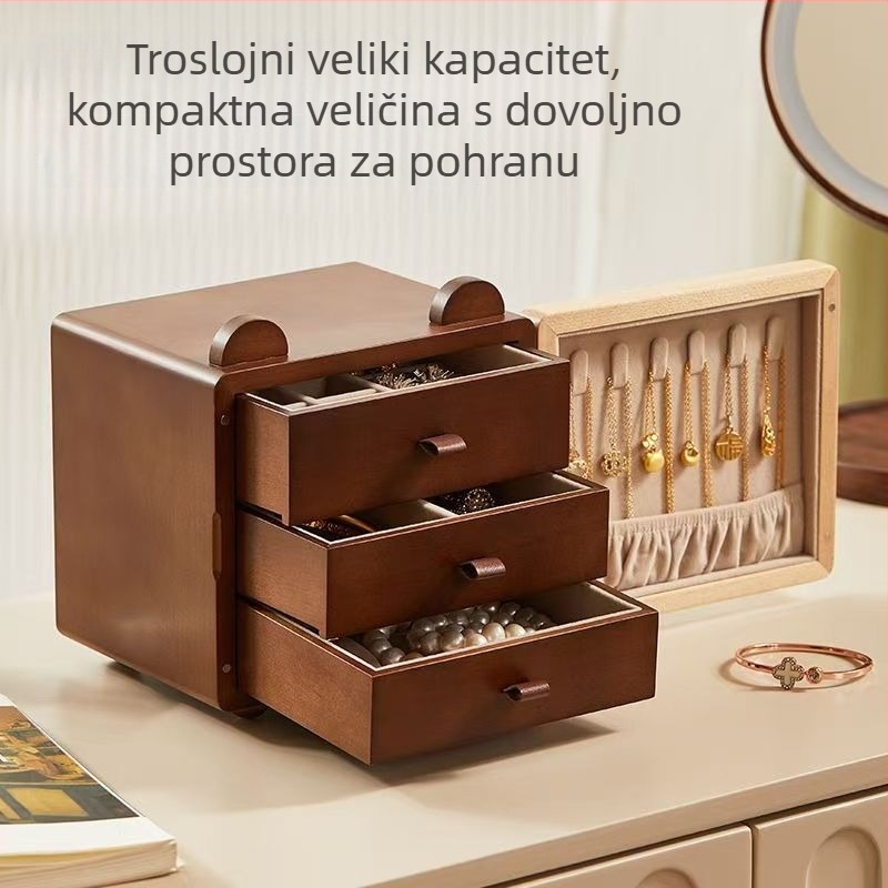 Drvena kutija za nakit s motivom panda, slatka i simpatična, trostruka kutija za naušnice, ogrlice i prstene