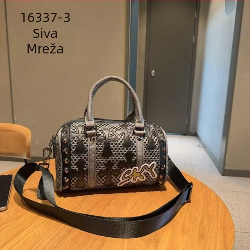 Ženska torba preko ramena od mrežaste tkanine s metalnim rivet detaljima, oblik jastuka, aplikacija s natpisom, za svakodnevnu uporabu