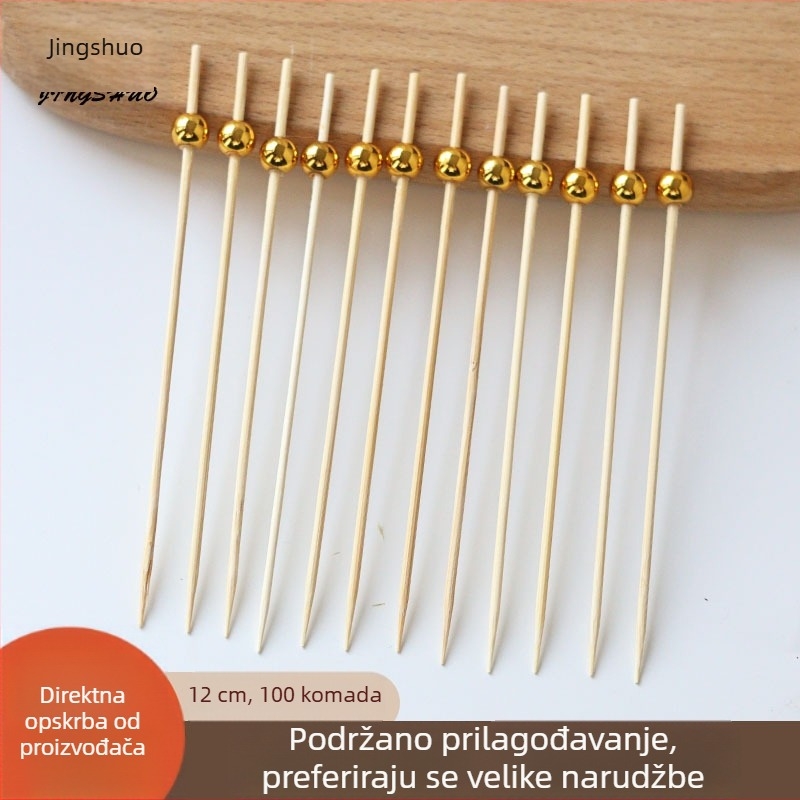 Jednokratni bambus štapići s 8 mm zlatnim i srebrnim perlama, ružičasti ukras, za voće, koktele i torte