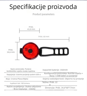 VXM stražnja biciklistička svjetiljka, USB punjenje, upozoravajuće svjetlo za planinski bicikl, noćna vožnja na otvorenom, dodatna oprema za vožnju