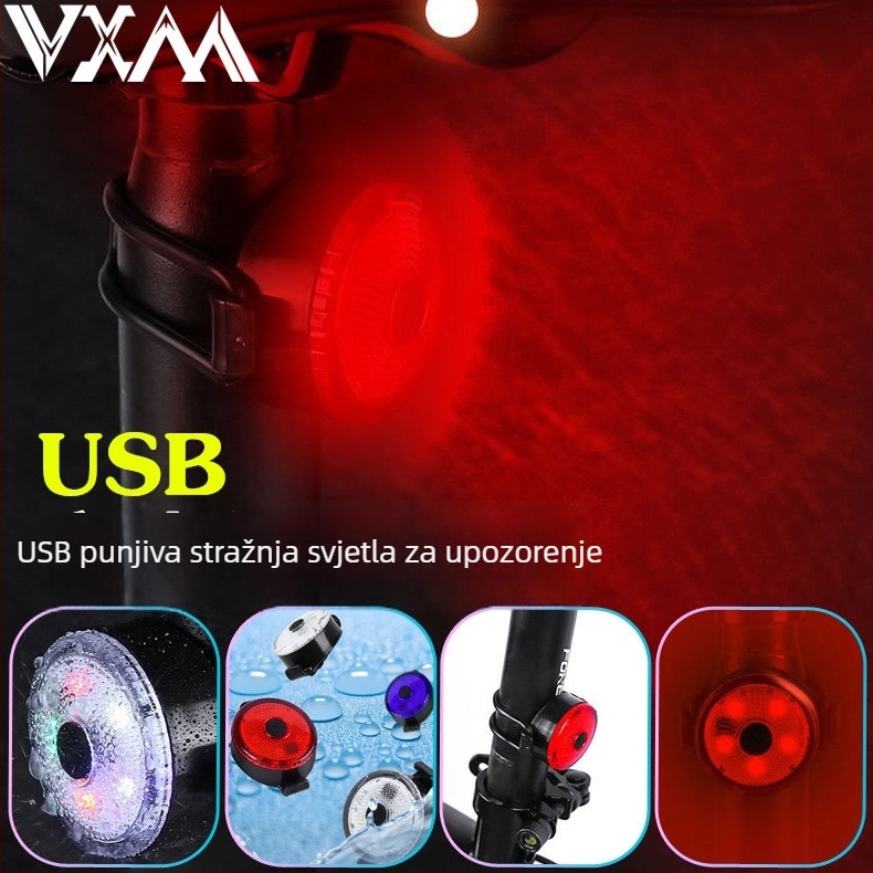 VXM stražnja biciklistička svjetiljka, USB punjenje, upozoravajuće svjetlo za planinski bicikl, noćna vožnja na otvorenom, dodatna oprema za vožnju
