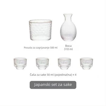 Japanski stil set za sake od udaranog stakla, prozirna karafa i male čaše, zlatni rub