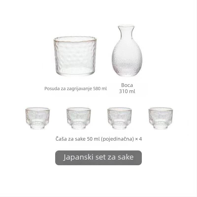 Japanski stil set za sake od udaranog stakla, prozirna karafa i male čaše, zlatni rub