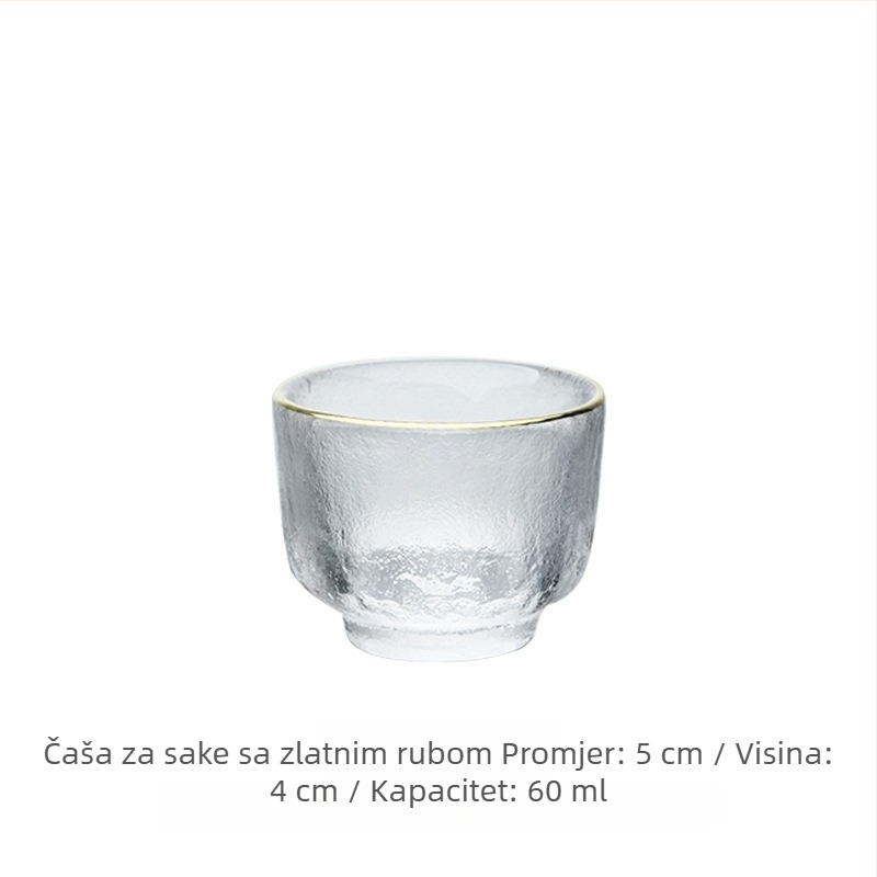 Japanski stil set za sake od udaranog stakla, prozirna karafa i male čaše, zlatni rub