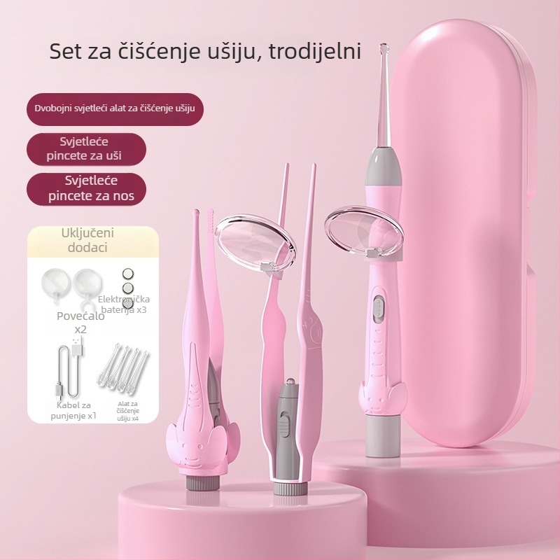 Dječji set žličica za uši sa svjetlom i mekanim vrhom, vizualne pincete za ušni vosak