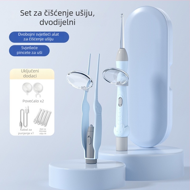 Dječji set žličica za uši sa svjetlom i mekanim vrhom, vizualne pincete za ušni vosak