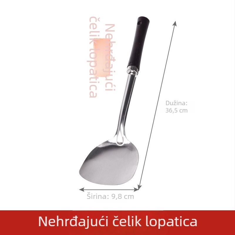 Set spatula od nehrđajućeg čelika s drvenom ručkom — zaštita od opeklina, cjediljna žlica, žlica za prženje i kuhača
