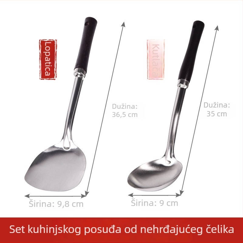 Set spatula od nehrđajućeg čelika s drvenom ručkom — zaštita od opeklina, cjediljna žlica, žlica za prženje i kuhača