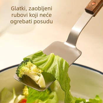 Mala špatula za prženje od nehrđajućeg čelika 304 sa drškom od orašćevog drveta, kuhinjski alat protiv opeklina, za pizzu i steak