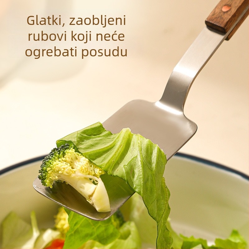 Mala špatula za prženje od nehrđajućeg čelika 304 sa drškom od orašćevog drveta, kuhinjski alat protiv opeklina, za pizzu i steak
