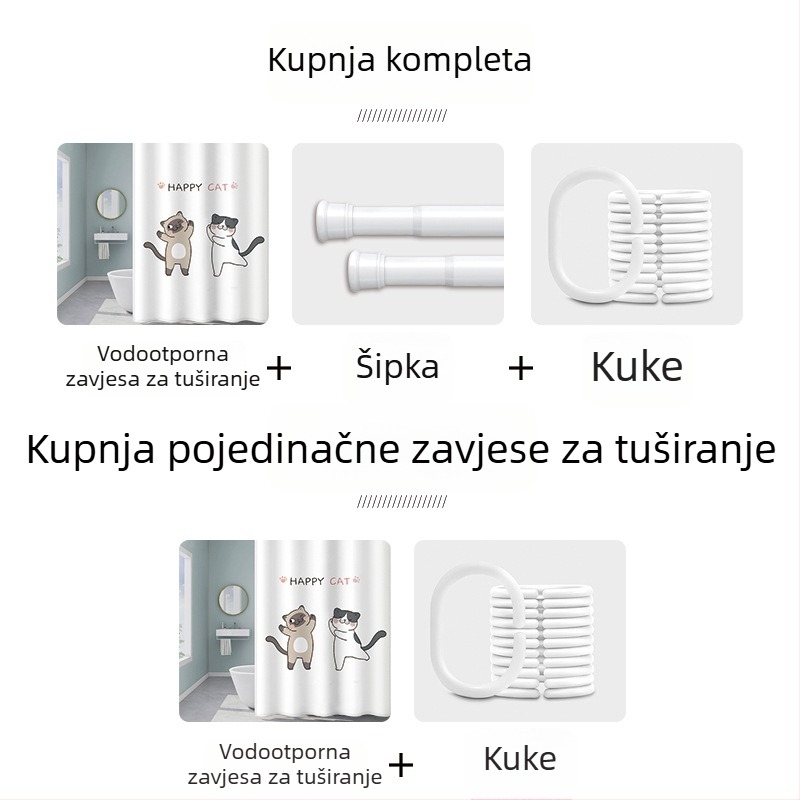 Set zavjesa za tuširanje s magnetskim pričvršćivanjem za kupaonicu, luksuzan vodootporni pregradni zavjesa bez bušenja