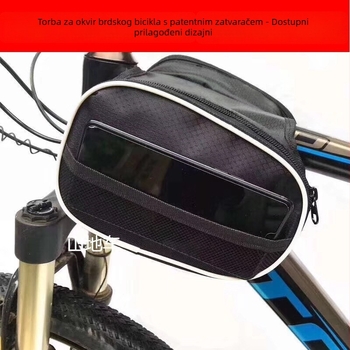 Torba za gornju cijev planinskog bicikla s pretincem za telefon i vodootpornim zatvaračem; pribor za vožnju biciklom, torba za sedlo.