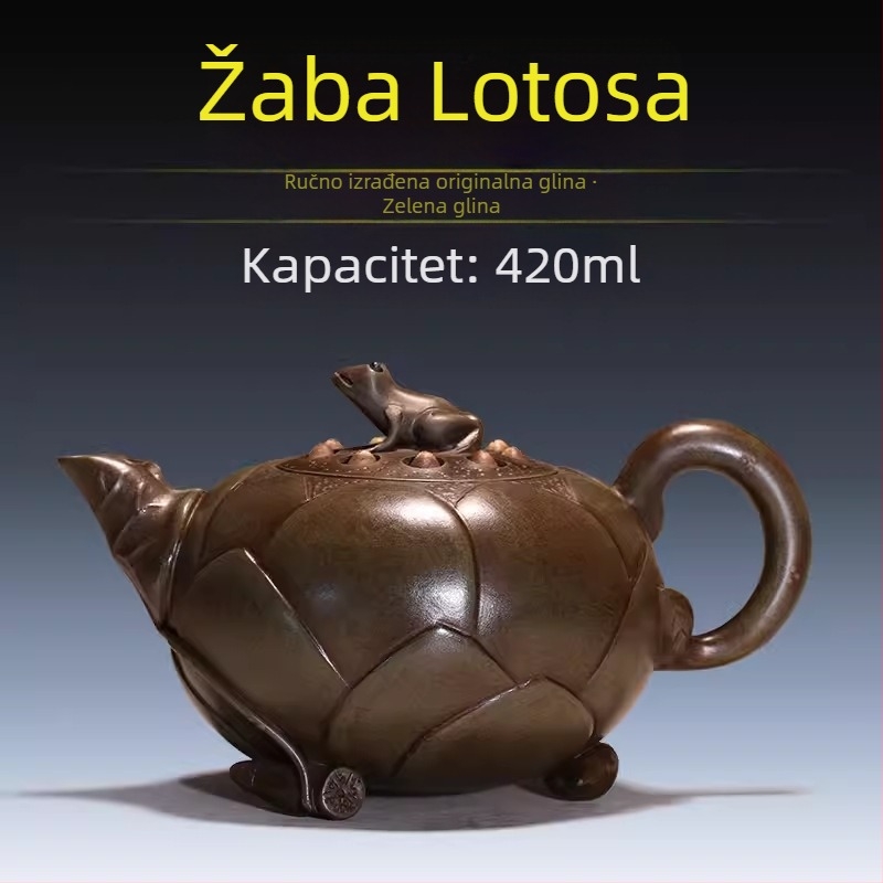 Yixing čajnik od ljubičaste pijeska gline, 420 ml, dizajn žaba-lotos, ručno oslikan, za kućnu upotrebu