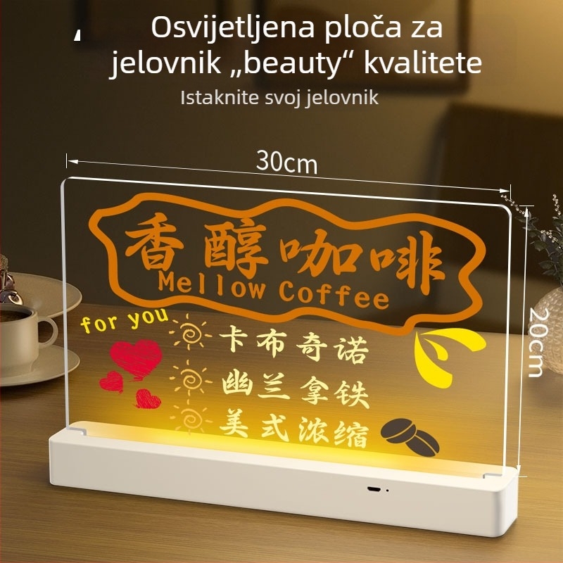 Izbrisiva fluorescencijska ploča za stol s osvijetljenim znakom, prozirna akrilna ploča za ispis cijena