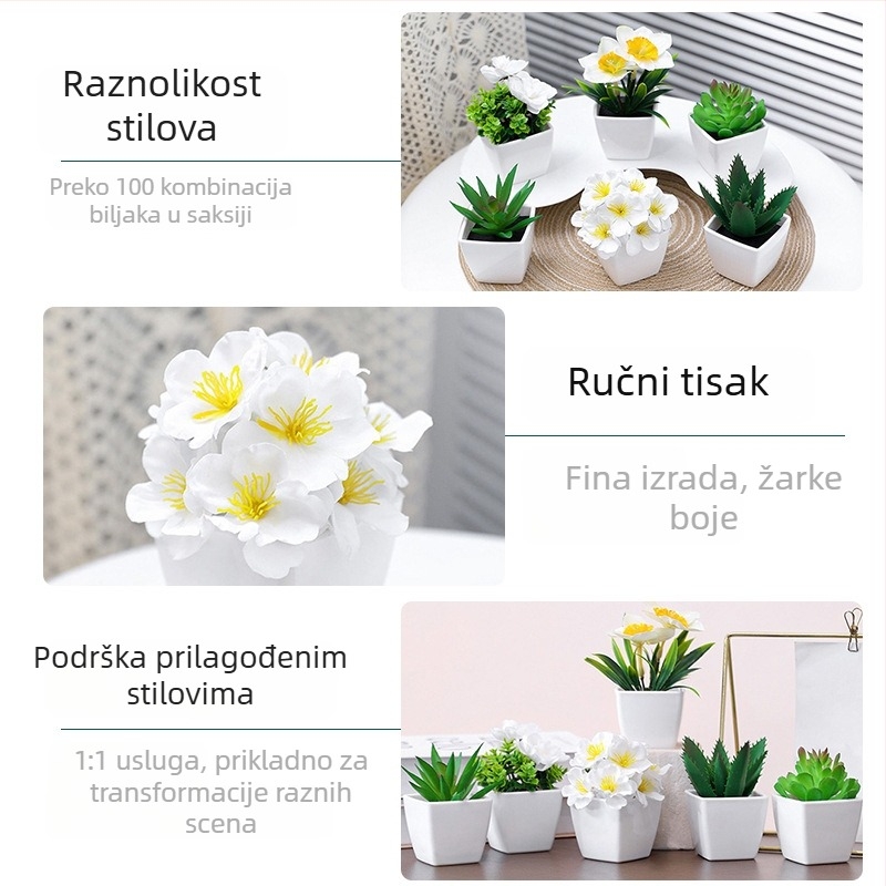 Plastične umjetne biljke u posudama: sukulenti i listovi ginka, bonsai, dekor dnevnog boravka, visina 10 cm