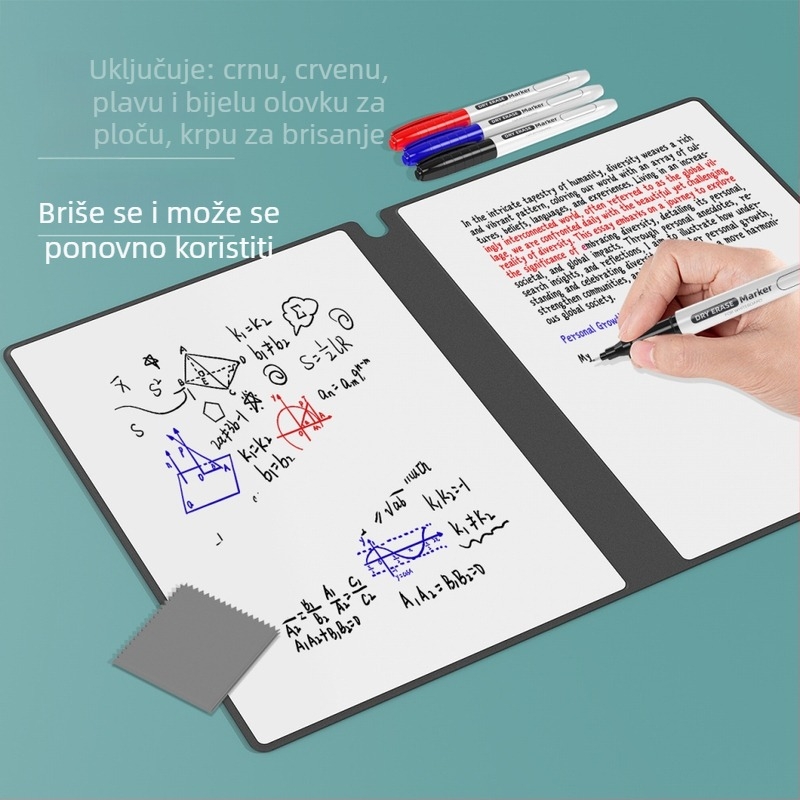 Izbrisiva bilježnica s pločom za bijelu ploču, A5/A4, dvostrana, PU koža, planer za školu i ured