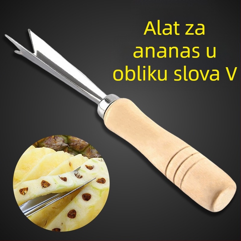 V-oblikirani korer za ananas, nehrđajući čelik, drvena ručka, alat za uklanjanje očiju i gulitelj.