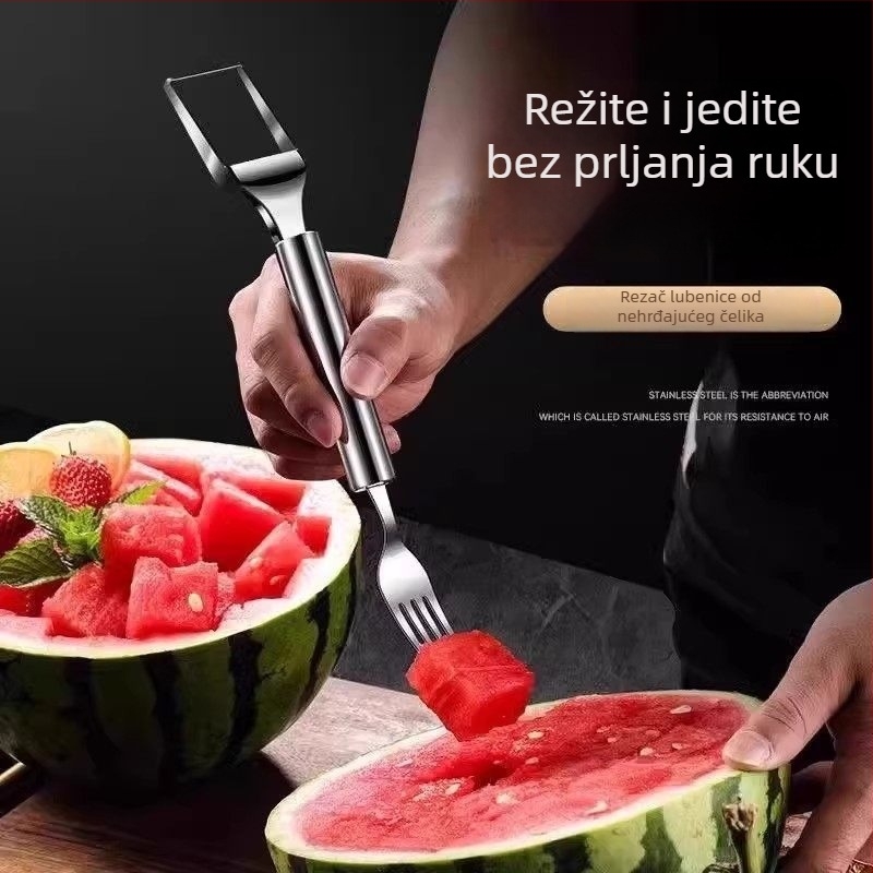 Nerđajući čelik — dvostruko glavna vilica za dinje, vilica za voće, višenamjenski alat za rezanje pulpe dinje, odjeljivač voća