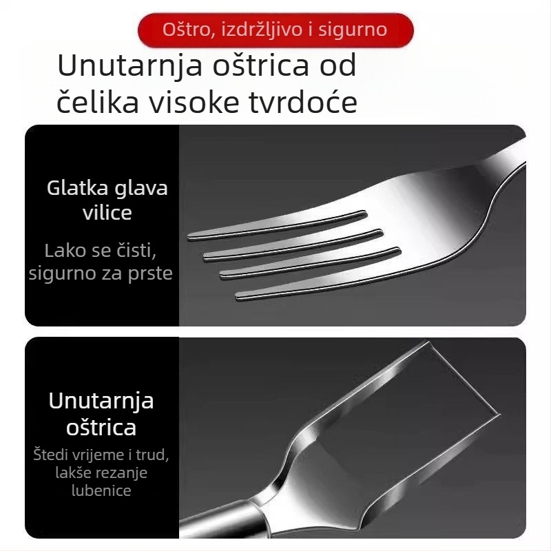 Nerđajući čelik — dvostruko glavna vilica za dinje, vilica za voće, višenamjenski alat za rezanje pulpe dinje, odjeljivač voća
