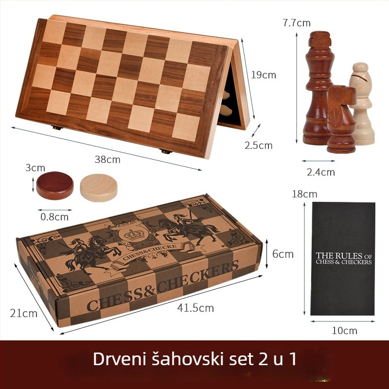 Sklopivi magnetski šahovski set od masivnog drveta sa zaobljenim kutovima, 2-u-1