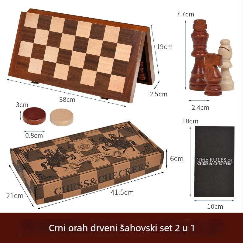 Sklopivi magnetski šahovski set od masivnog drveta sa zaobljenim kutovima, 2-u-1