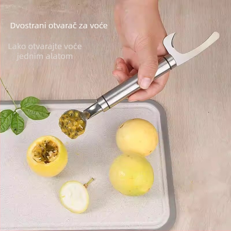 Otvarač plodova od nehrđajućeg čelika s dvostrukom glavom, 2-u-1 za passion fruit i mangosteen, uz žličicu, kuhinjski alat za kućnu upotrebu