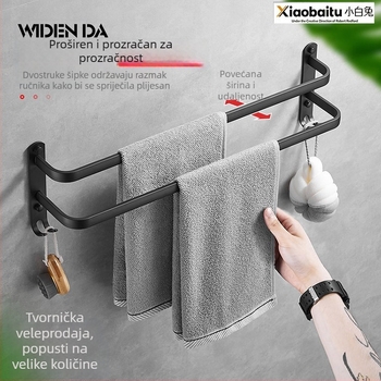 Dvostruki držač za ručnike u kupaonici, montaža bez bušenja, svemirski aluminij, moderan minimalistički dizajn
