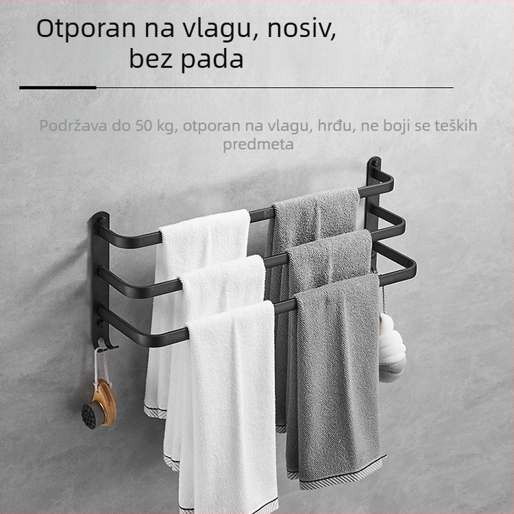 Dvostruki držač za ručnike u kupaonici, montaža bez bušenja, svemirski aluminij, moderan minimalistički dizajn