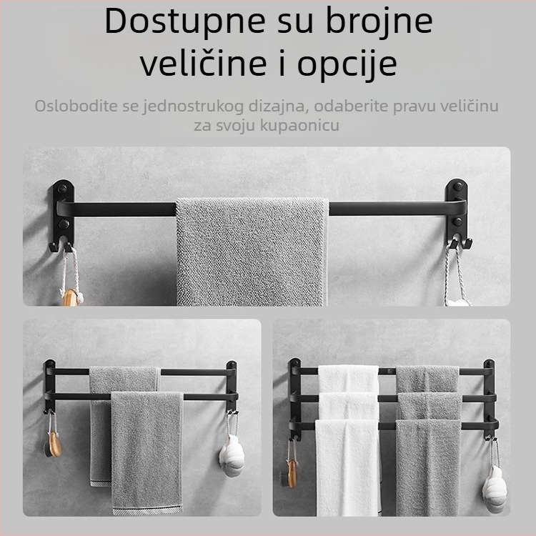 Dvostruki držač za ručnike u kupaonici, montaža bez bušenja, svemirski aluminij, moderan minimalistički dizajn