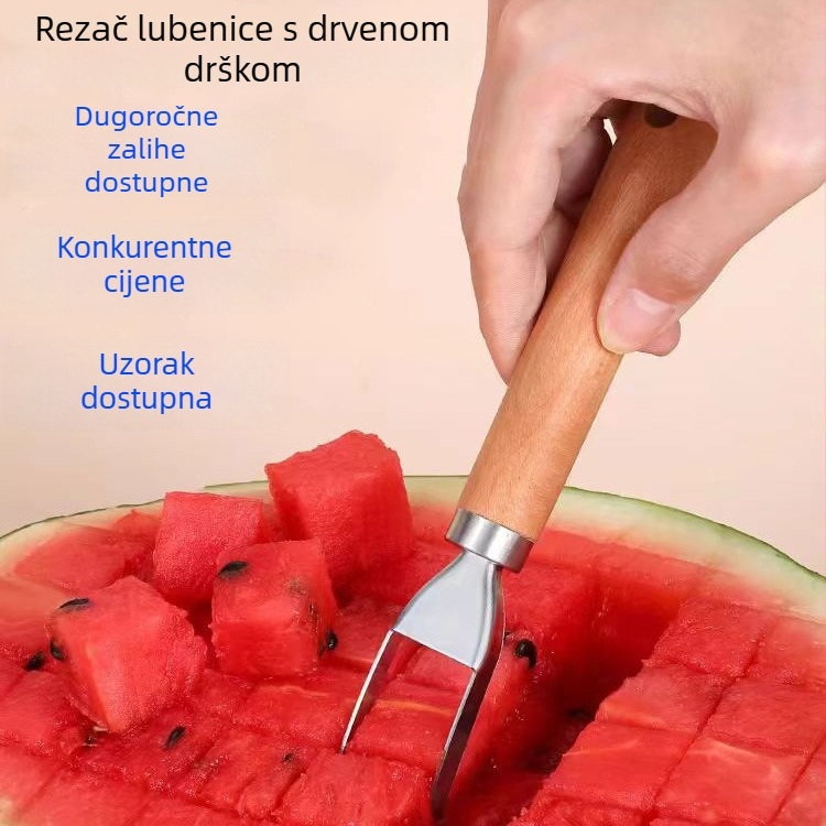 Nož za lubenicu od nehrđajućeg čelika s drvenom drškom — alat za dijeljenje voća i rezanje na kockice