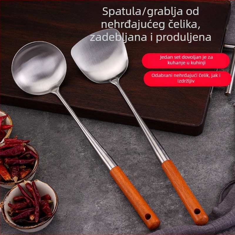 Set žlica i špatula od nehrđajućeg čelika s drvenom drškom, zaštita od opeklina