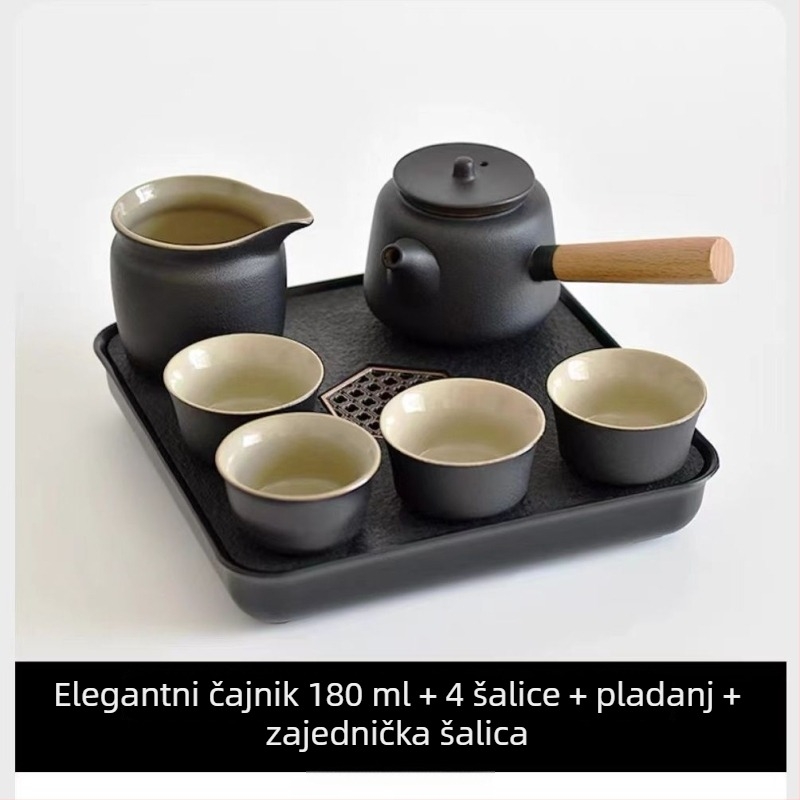 Gongfu set čaja od crne keramike – putno skladištenje, jednostavan set za jedno zalijevanje s bočnom ručkom u japanskom stilu, za studentski dom