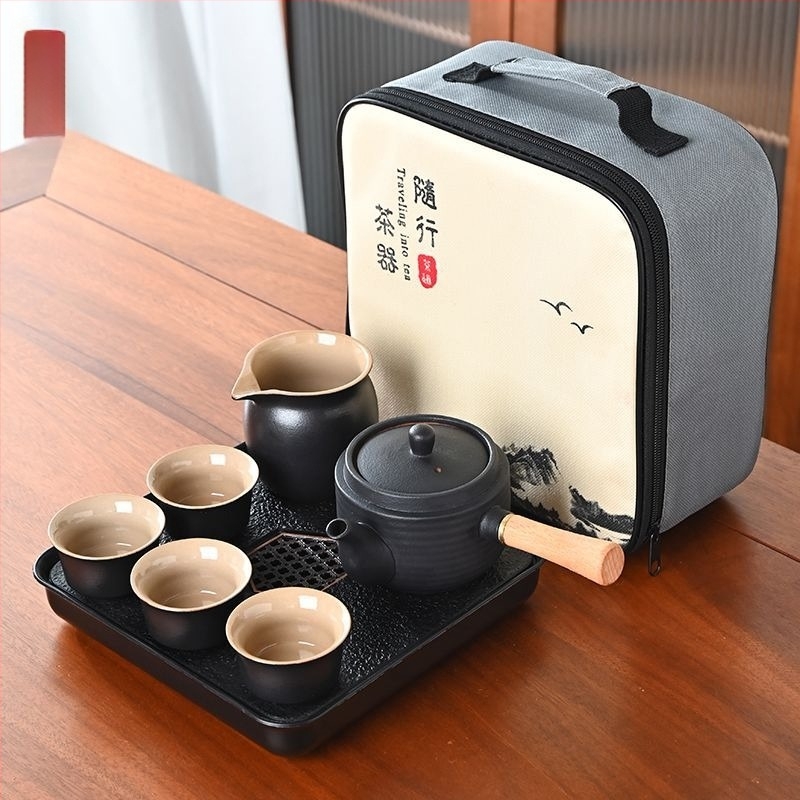 Gongfu set čaja od crne keramike – putno skladištenje, jednostavan set za jedno zalijevanje s bočnom ručkom u japanskom stilu, za studentski dom