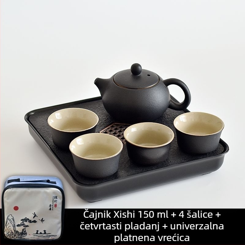 Gongfu set čaja od crne keramike – putno skladištenje, jednostavan set za jedno zalijevanje s bočnom ručkom u japanskom stilu, za studentski dom